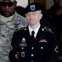 Army Pfc. Bradley Manning (right) is escorted out of a courthouse in Fort Meade, Md., on June 25, 2012. His lawyer announced that Manning, who is accused of leaking classified information to WikiLeaks, had agreed to plead guilty to lesser charges. Army Pfc. Bradley Manning (right) is escorted out of a courthouse in Fort Meade, Md., on June 25, 2012. His lawyer announced that Manning, who is accused of leaking classified information to WikiLeaks, had agreed to plead guilty to lesser charges.