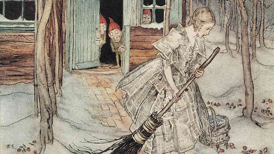 Improbably, a girl finds strawberries in the snow to feed her stepmother in The Three Little Men in the Woods.