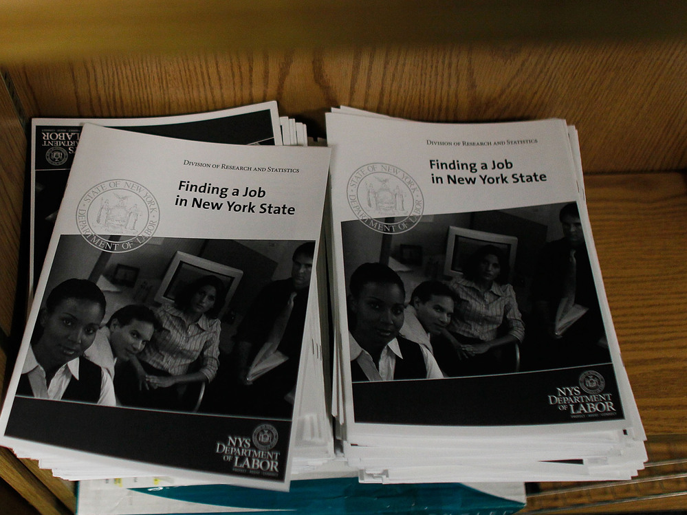 Job-related booklets at a New York State Department of Labor Employment Services office in Brooklyn.