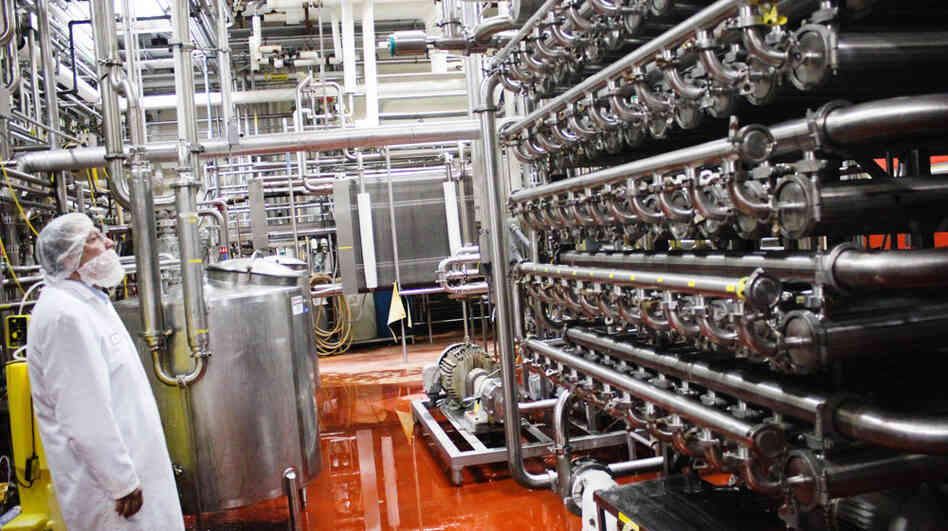 Tim Opper, of Cabot Cheese, inspects equipment that separates whey protein from sugar in the company's whey processing plant. Tim Opper, of Cabot Cheese, inspects equipment that separates whey protein from sugar in the company's whey processing plant.