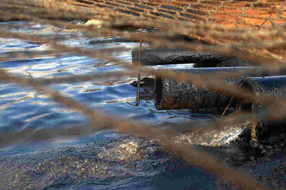Dirty water from the oil wells flows through oil-caked pipes into a settling pit where trucks vacuum off the oil. A net covers the pit to keep out birds and other wildlife. Streams of this wastewater flow through the reservation and join natural creeks and rivers.