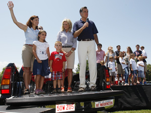 Sen. Kelly Ayotte, R-N.H., is joined by her children, Katherine and Jacob, in campaigning with Mitt Romney on July 4 in Wolfeboro, N.H.