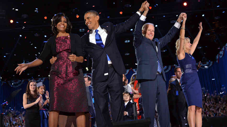 The Obamas and Bidens as they celebrated early Wednesday in Chicago.