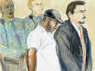 In this courtroom drawing, Aaron Thomas, stands before a judge with officers and public defender Joseph Lopez, in New Haven, Conn., on March 7, 2011.