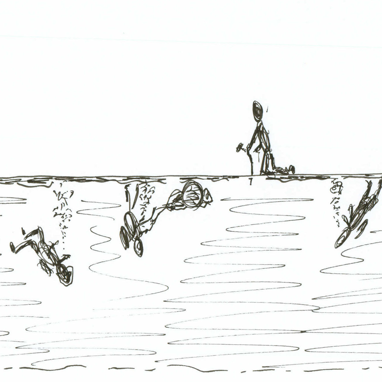 Drawing of divers underwater.