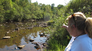 Laurie Barr points to an abandoned well located in the middle of a McKean County, Pa., stream.