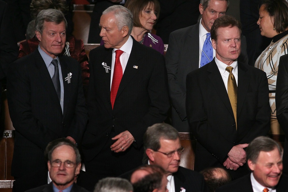 From left, Sens. Max Baucus (D-Mont.), Orrin Hatch (R-Utah) and Sen. Jim Webb (D-Va.) await President Obama's State of the Union address in January 2011, when a bipartisan seating arrangement symbolically suggested a more cooperative spirit among lawmakers.