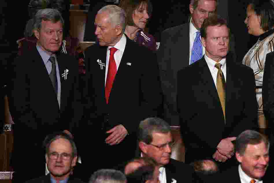 From left, Sens. Max Baucus (D-Mont.), Orrin Hatch (R-Utah) and Sen. Jim Webb (D-Va.) await President Obama's State of the Union address in January 2011, when a bipartisan seating arrangement symbolically suggested a more cooperative spirit among lawmakers.