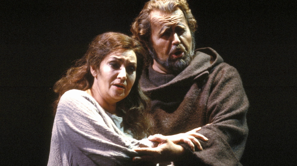 Soprano Maria Slatinaru and bass Paul Plishka perform in a 1986 production of Verdi's La Forza del Destino at the San Francisco Opera.
