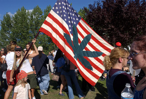 Betsy Burbank shows off her homemade flag at Seattle's Hempfest in August 2003.