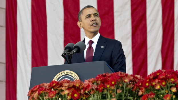 President Obama speaks during a Veterans Day ceremony in Arlington, Va., on Sunday. (AP)