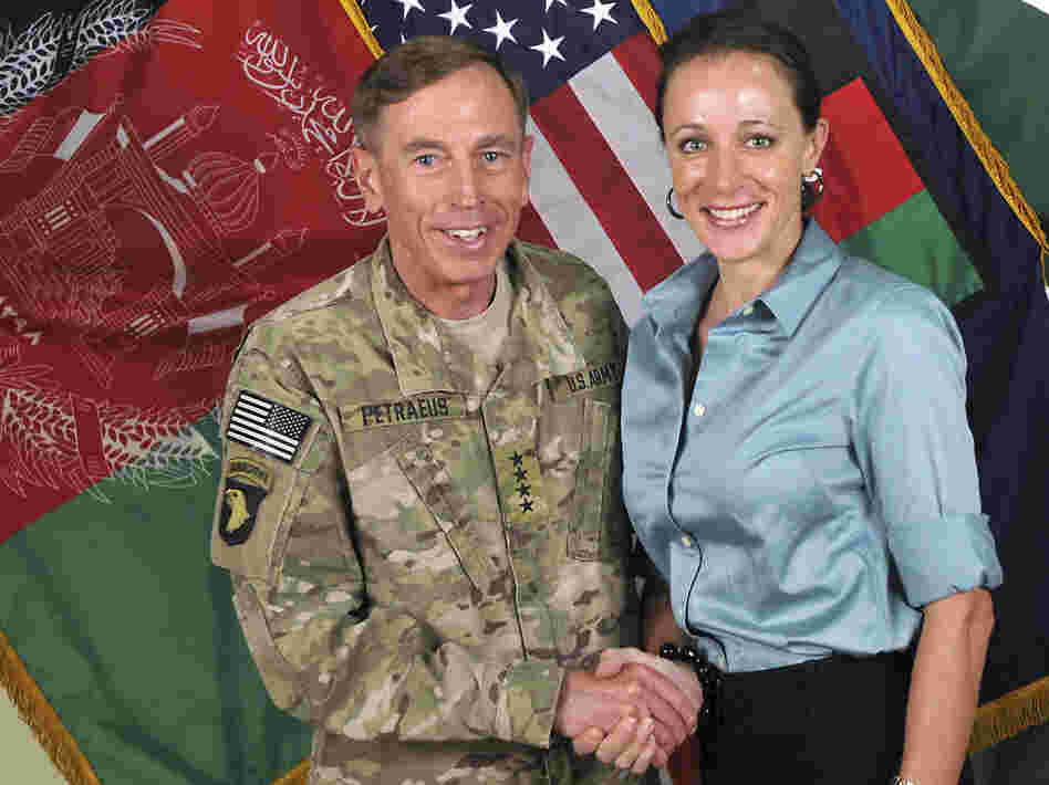 David Petraeus, while he was the top commander of U.S. and coalition forces in Afghanistan, and Paula Broadwell in July 2011. He resigned from his post as CIA director because of an extramarital affair they had.