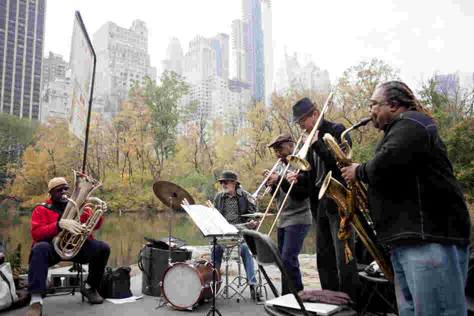 Tuba player Bob Stewart's quintet played at the pond, near the southeast entrance of the park.