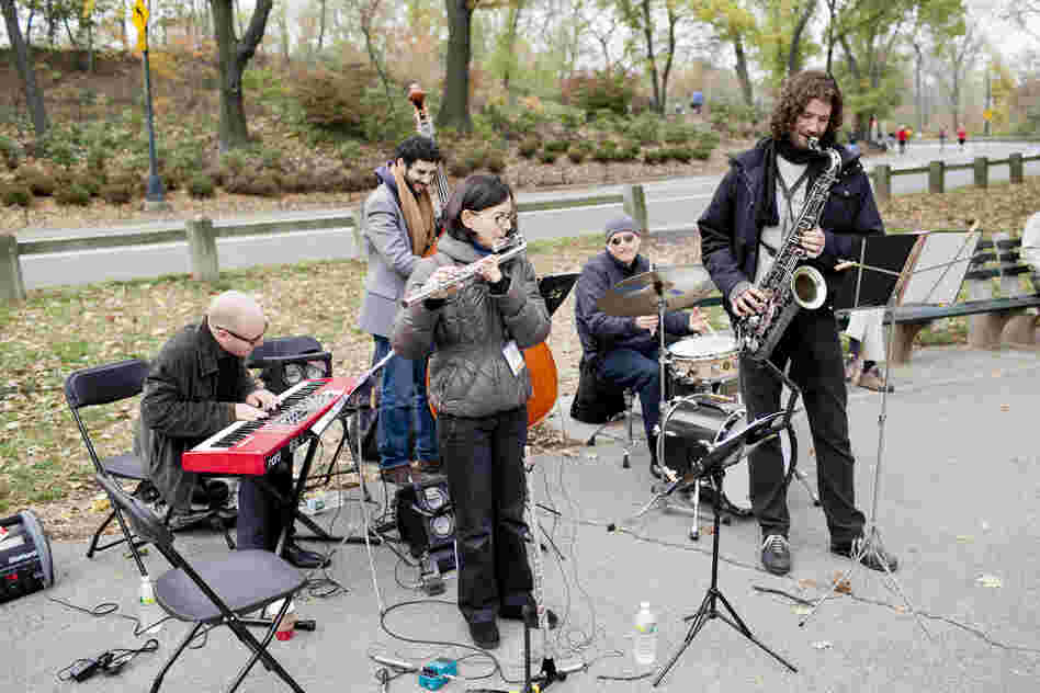 Flutist Jamie Baum bundled up and led a band at the East 96th St. Playground.