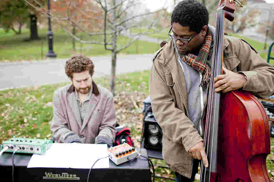 Bassist Vicente Archer played in pianist Kevin Hays' trio, in front of a rock outcropping.