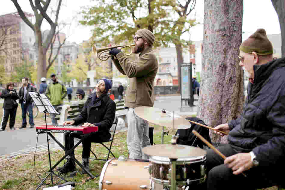 The Kirk Knuffke (trumpet) and Jesse Stacken (keyboard) duo were joined by drummer Bill Goodwin at the northeast corner of the park.