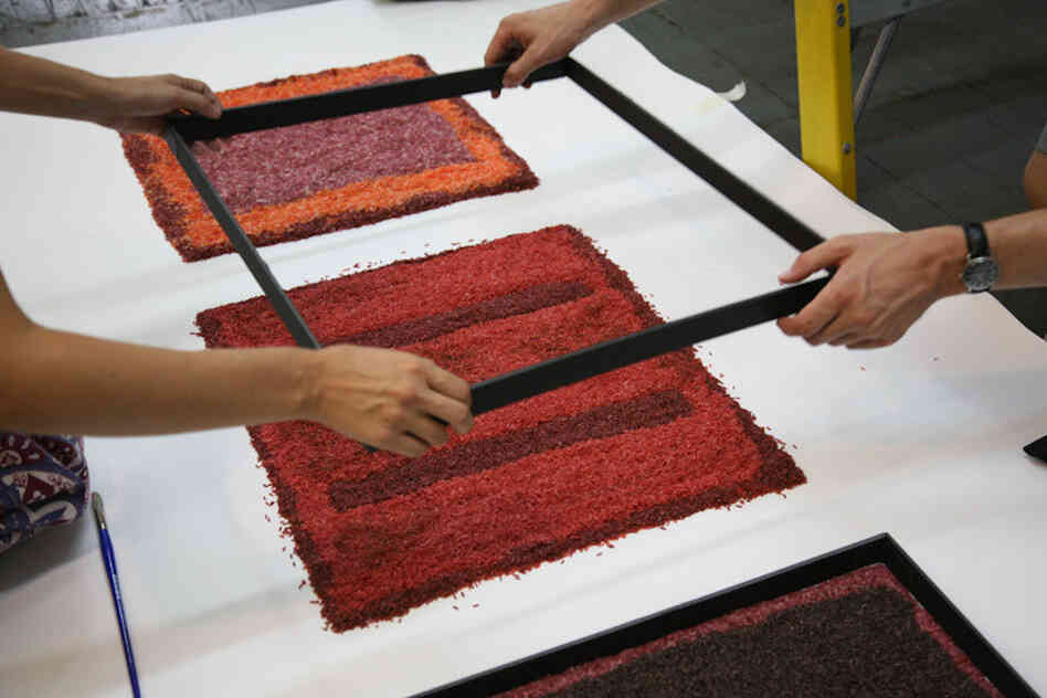 Molds were used to shape the different sized rectangles and to keep separate the colored rice.