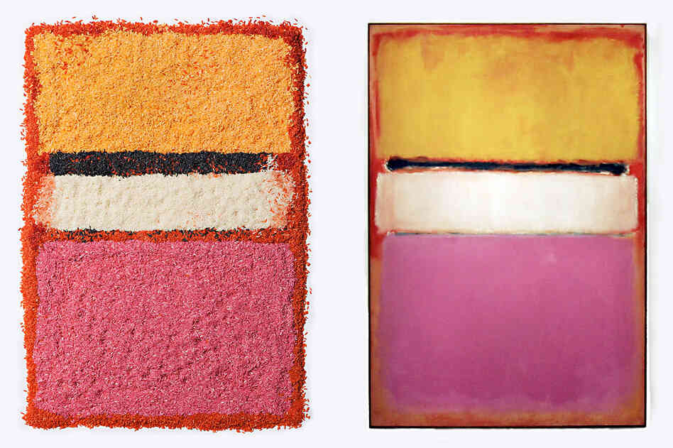 Chef/stylist Caitlin Levin and photographer Henry Hargreaves do an interpretation of Mark Rothko's paintings using colored rice. Left, Levin's design, right, the original painting titled White Center (Yellow, Pink and Lavender on Rose) by Mark Rothko as seen at Sotheby's auction house in New York.