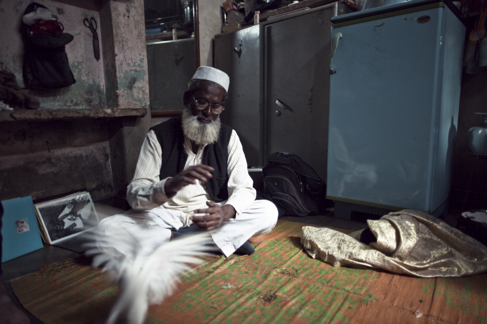 Hussein, the oldest remaining magician in the colony, with one of his two doves.