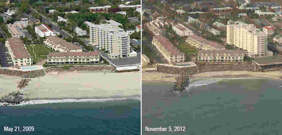 Storm waves and currents removed sand from a beach in Long Branch, N.J., exposing rock and concrete walls.