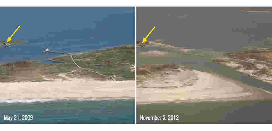 A portion of Fire Island, N.Y., was breached during Sandy, creating a new inlet. Despite the breach, a fishing shack on nearby Pelican Island (yellow arrow) remained standing.