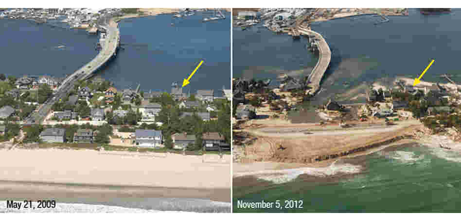 Storm waves and surge cut across the barrier island at Mantoloking, N.J., eroding a wide beach, destroying houses and roads, and depositing sand onto the island and into the back bay.