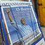 A newspaper with a front-page photo of President Obama is displayed at a press house in downtown Yangon, Myanmar, on Thursday, ahead of Obama's visit. A newspaper with a front-page photo of President Obama is displayed at a press house in downtown Yangon, Myanmar, on Thursday, ahead of Obama's visit.