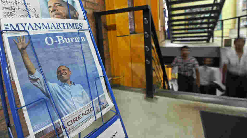A newspaper with a front-page photo of President Obama is displayed at a press house in downtown Yangon, Myanmar, on Thursday, ahead of Obama's visit. A newspaper with a front-page photo of President Obama is displayed at a press house in downtown Yangon, Myanmar, on Thursday, ahead of Obama's visit.