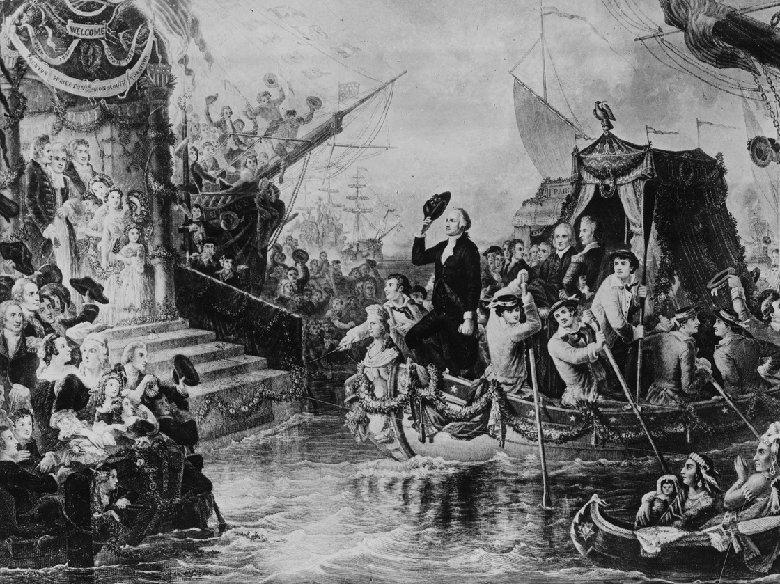This drawing depicts George Washington arriving in New York by barge on his first Inauguration Day on April 30, 1789.