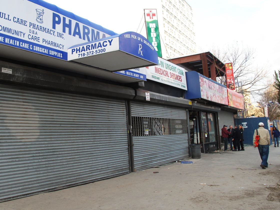 Pharmacy and medical services stores closed in Coney Island.