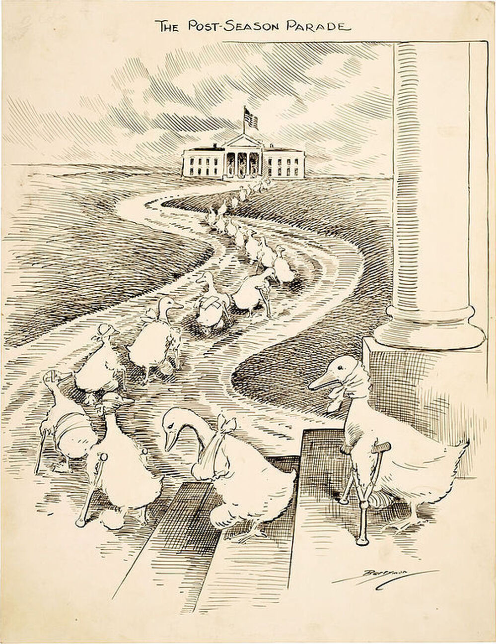 This 1915 cartoon highlights the biennial departure of "lame duck" members of Congress after losing re-election. This illustration is meant to depict defeated Democrats heading to the White House in hopes of securing political appointments from President Woodrow Wilson.