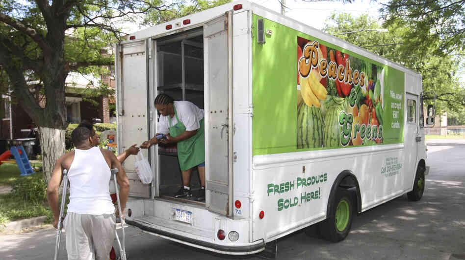 Five days a week, the Peaches & Greens truck sells affordable fruits and vegetables to families on public assistance, people without a car, homebound seniors and even local workers who otherwise would grab fast food or candy for a snack.