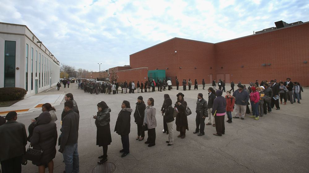 The line was long last week at a job fair in Chicago.