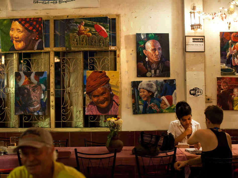 Paintings of Burmese street scenes decorate the walls of Aiya. Patrons who come for the Burmese and Thai food can also find portraits of Che Guevara and Aung San Suu Kyi, and bumper stickers declaring "Peace in Burma Now."