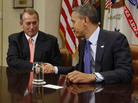 Getting started: President Obama and House Speaker John Boehner, R-Ohio, at the start of today's meeting. Getting started: President Obama and House Speaker John Boehner, R-Ohio, at the start of today's meeting.