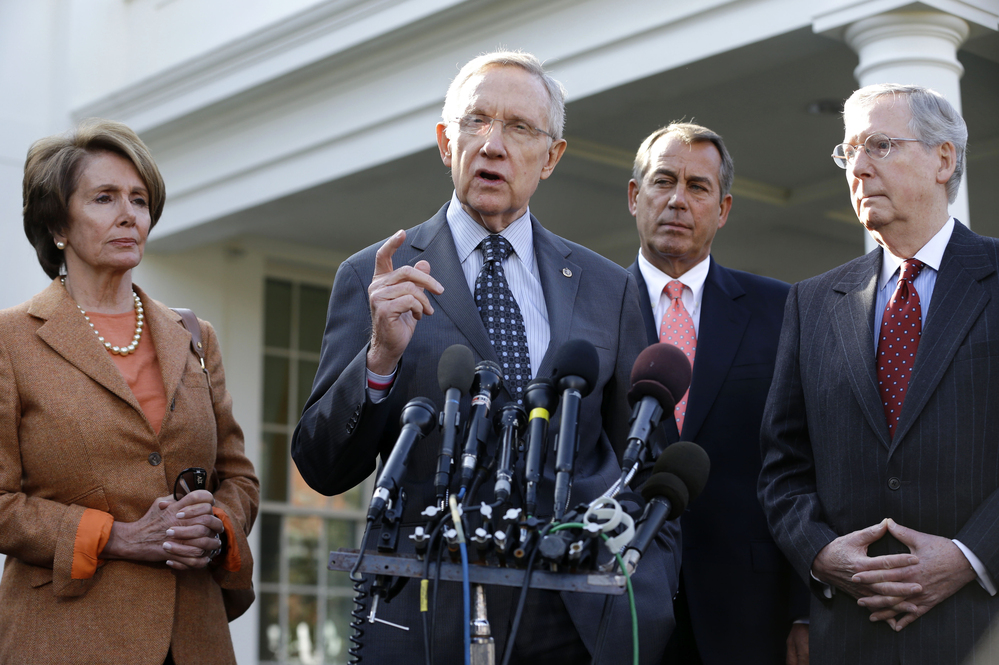 Congressional leaders after their meeting with President Obama Friday. From left: House Minority Leader Nancy Pelosi (D), Senate Majority Leader Harry Reid (D), House Speaker John Boehner (R) and Senate Minority Leader Mitch McConnell (R). Congressional leaders after their meeting with President Obama Friday. From left: House Minority Leader Nancy Pelosi (D), Senate Majority Leader Harry Reid (D), House Speaker John Boehner (R) and Senate Minority Leader Mitch McConnell (R).