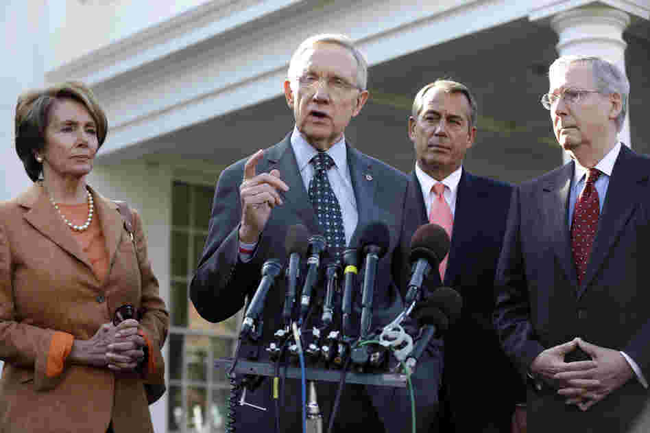 Congressional leaders after their meeting with President Obama Friday. From left: House Minority Leader Nancy Pelosi (D), Senate Majority Leader Harry Reid (D), House Speaker John Boehner (R) and Senate Minority Leader Mitch McConnell (R). Congressional leaders after their meeting with President Obama Friday. From left: House Minority Leader Nancy Pelosi (D), Senate Majority Leader Harry Reid (D), House Speaker John Boehner (R) and Senate Minority Leader Mitch McConnell (R).