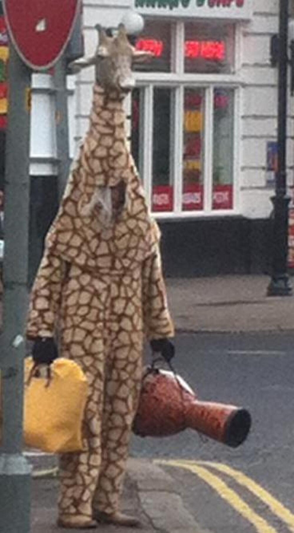 The Good Giraffe, trying to de-mean the streets of Dundee, Scotland.