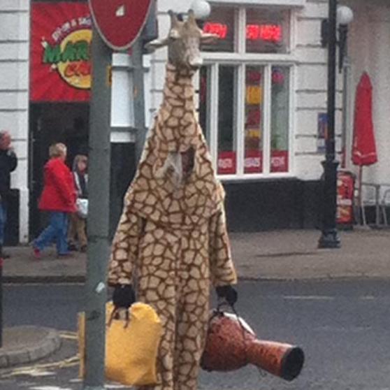 The Good Giraffe, trying to de-mean the streets of Dundee, Scotland.