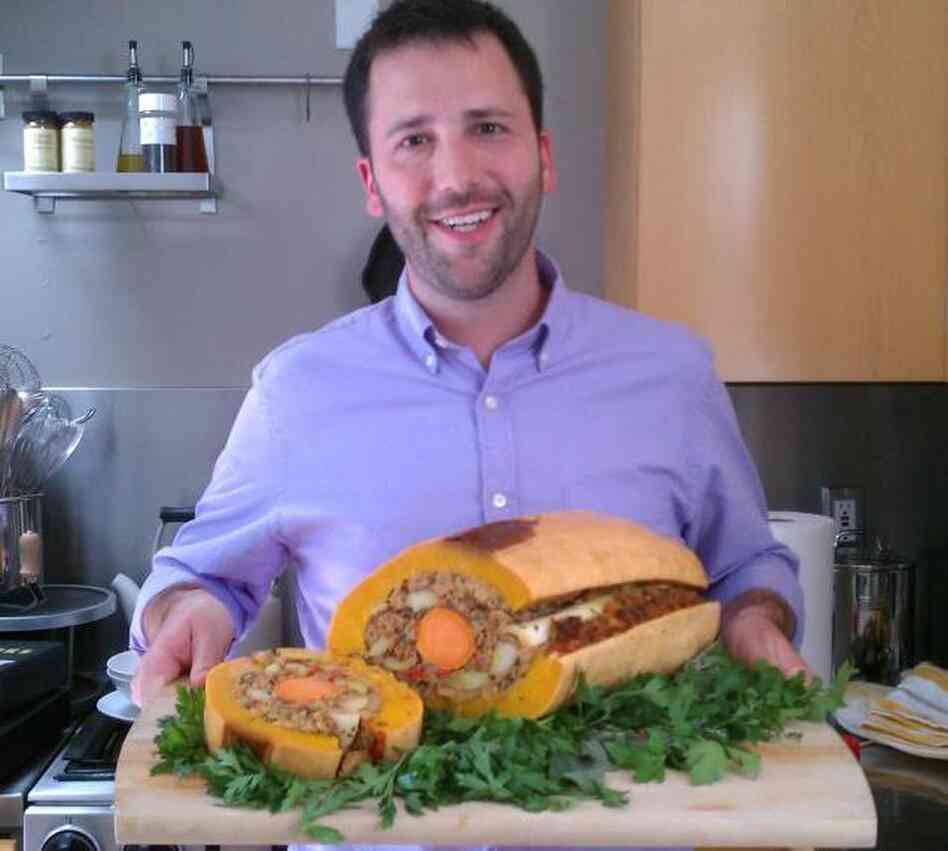 Pashman presents his Veggieducken. "A banana squash is about 2 feet long; it's one of the largest squashes money can buy," he says. "So this thing is big. It takes a couple hours to cook — it is an event." Pashman presents his Veggieducken. "A banana squash is about 2 feet long; it's one of the largest squashes money can buy," he says. "So this thing is big. It takes a couple hours to cook — it is an event."