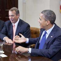 President Obama wishes Speaker John Boehner a happy birthday during a budget meeting at the White House Friday.