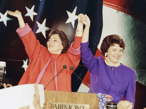 Democratic Senate candidates Barbara Boxer (left) and Dianne Feinstein raise their arms in victory at an election rally in San Francisco on Nov. 4, 1992, the so-called "Year of the Woman" in politics. Democratic Senate candidates Barbara Boxer (left) and Dianne Feinstein raise their arms in victory at an election rally in San Francisco on Nov. 4, 1992, the so-called "Year of the Woman" in politics.