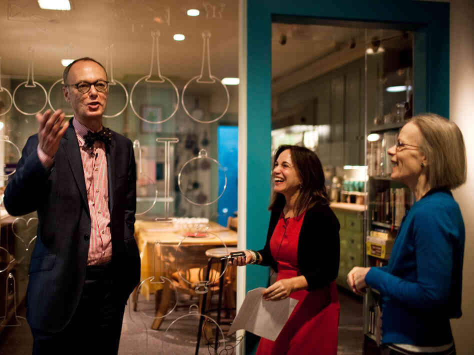 Chris Kimball and Renee Montagne share a laugh with Paula Johnson, curator of a new exhibit at the Smithsonian's American History Museum featuring Julia Child's kitchen. Chris Kimball and Renee Montagne share a laugh with Paula Johnson, curator of a new exhibit at the Smithsonian's American History Museum featuring Julia Child's kitchen.