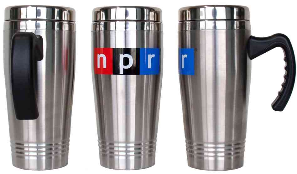 NPR Travel Mug: This dynamic, 17 oz. double-walled, 18/8 stainless steel travel mug, imprinted with the NPR logo, is designed to keep up with you as you travel your world. The mug features a contoured handle with relaxed grip and a secure-fit, engineered gasket lid with open-close slide mechanism. NPR Travel Mug: This dynamic, 17 oz. double-walled, 18/8 stainless steel travel mug, imprinted with the NPR logo, is designed to keep up with you as you travel your world. The mug features a contoured handle with relaxed grip and a secure-fit, engineered gasket lid with open-close slide mechanism.
