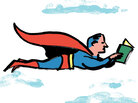 Illustration: a superhero flies while reading a book. Illustration: a superhero flies while reading a book.