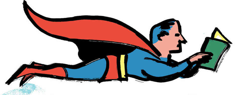 Illustration: a superhero flies while reading a book. Illustration: a superhero flies while reading a book.