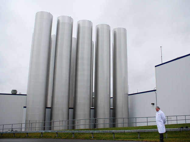 Most of the gleaming steel tanks outside Fage's yogurt factory hold milk. One, however, holds the yogurt byproduct whey.
