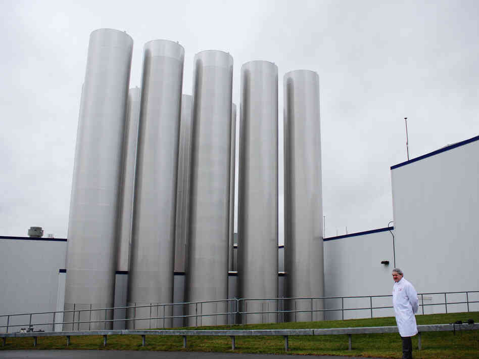 Most of the gleaming steel tanks outside Fage's yogurt factory hold milk. One, however, holds the yogurt byproduct whey.