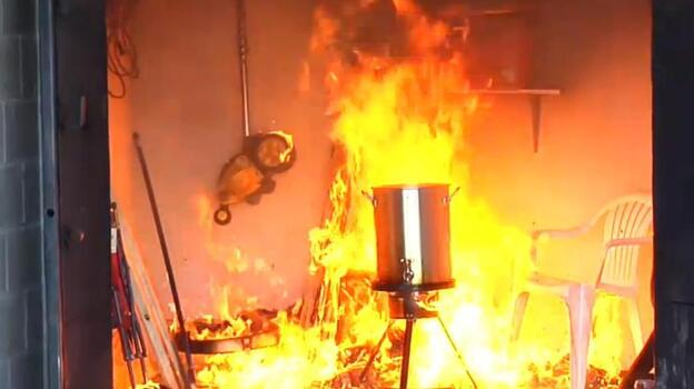 Don't try this at home: A fryer that was put in a garage and into which a still-frozen bird was placed. Those are two common mistakes.