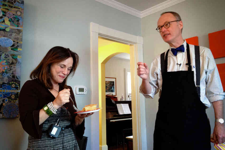 Montagne enjoys the apple tart as Kimball tells stories of Child, like the time she asked him to shuck a bag of oysters, and he didn't do so well. Kimball cooked with Child on her show several times and developed a close relationship with her. 